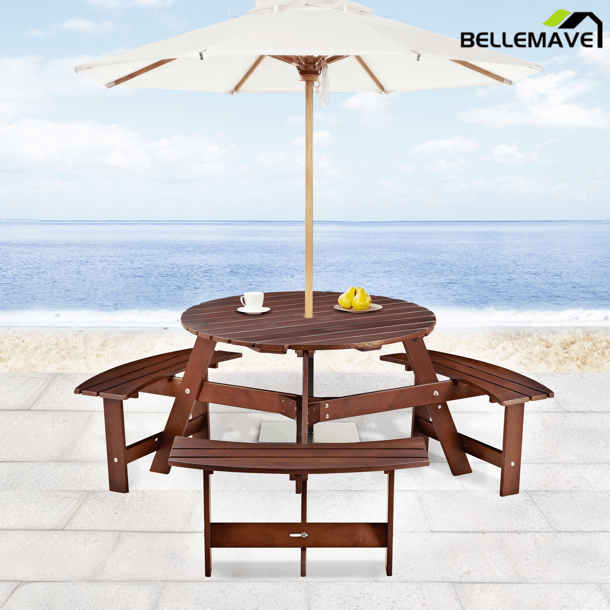 Bellemave® 6 Person Round Wooden Picnic Table with 3 Built - in Benches & Umbrella Hole - Bellemave
