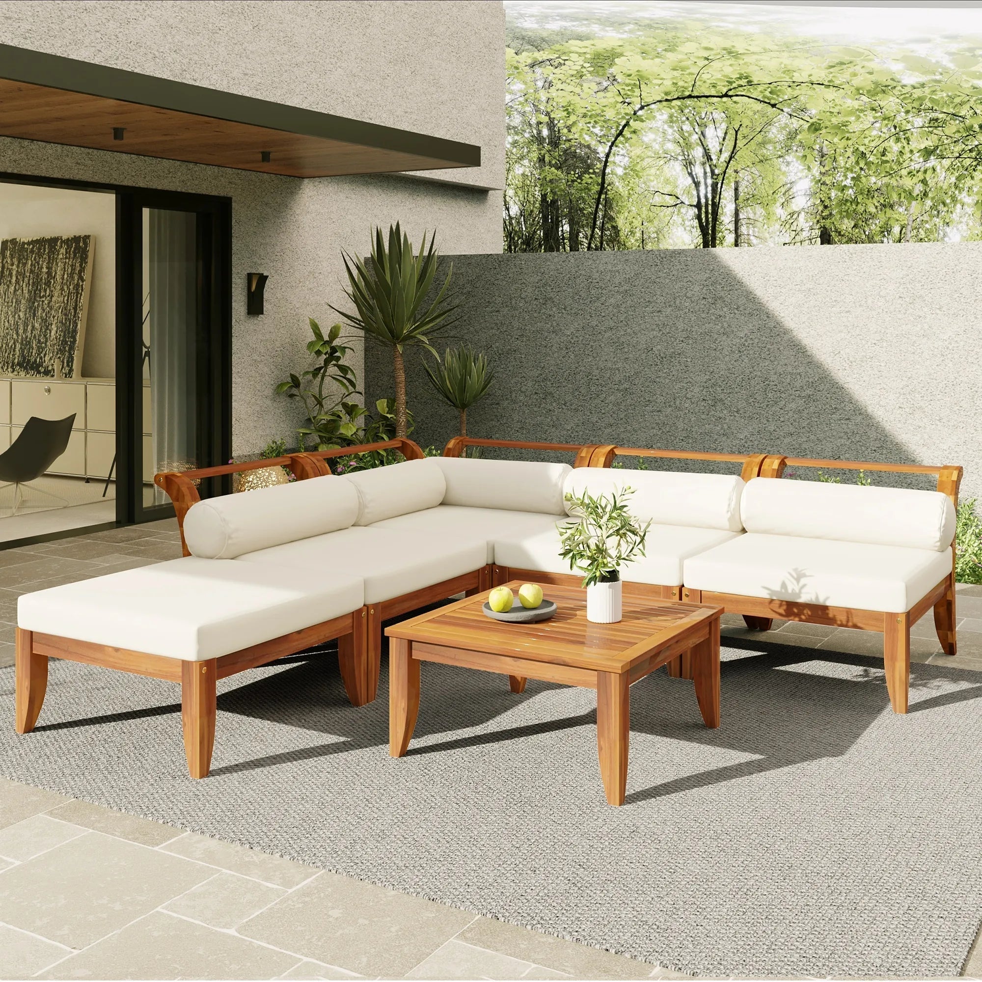 Bellemave® 6 Piece Acacia Wood Outdoor Modular Sectional Garden Furniture Set L - Shaped Conversation Set, Convertible Daybed with Tea Table, Ottoman, 5 Cushions and Pillows - Bellemave