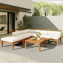 Bellemave® 6 Piece Acacia Wood Outdoor Modular Sectional Garden Furniture Set L - Shaped Conversation Set, Convertible Daybed with Tea Table, Ottoman, 5 Cushions and Pillows - Bellemave
