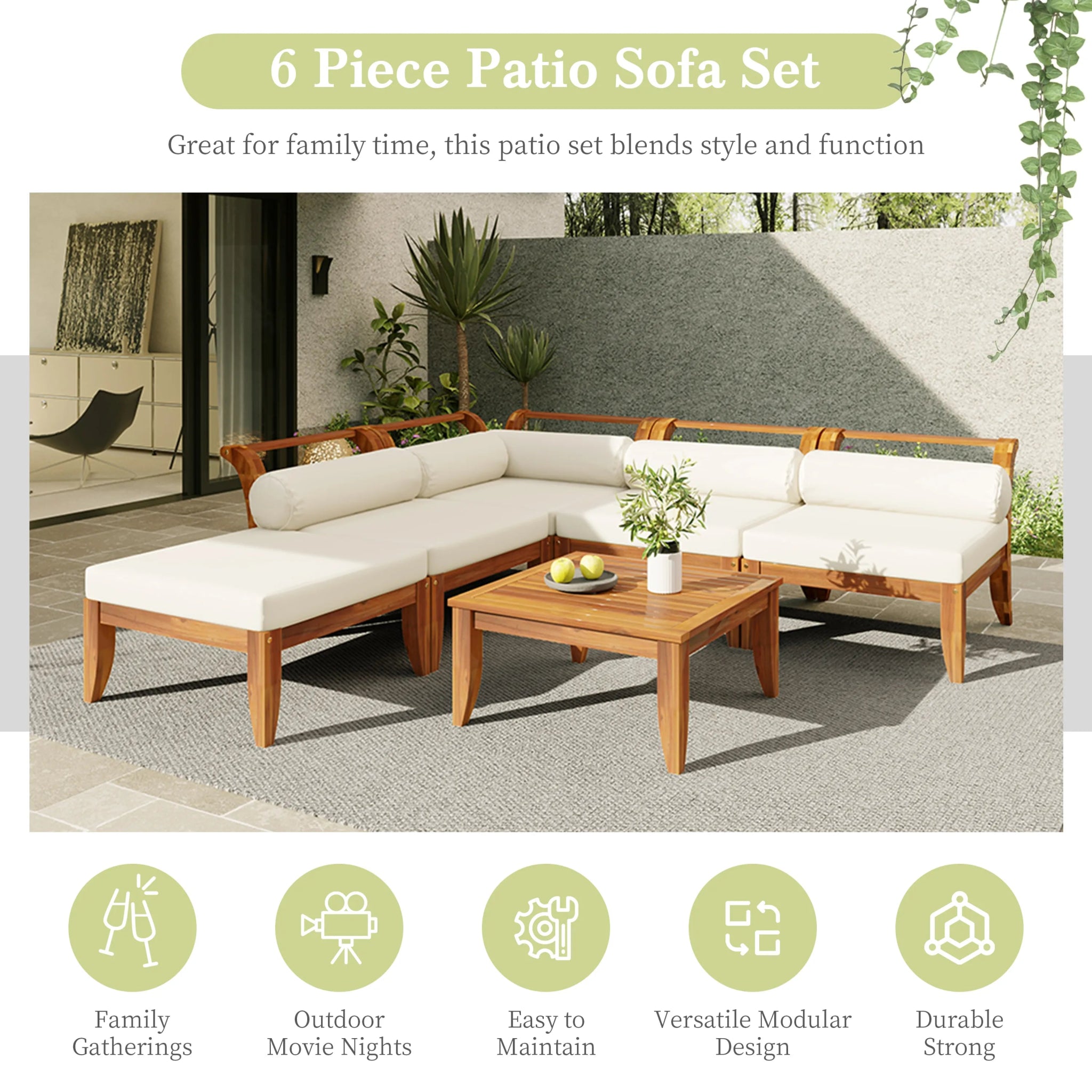 Bellemave® 6 Piece Acacia Wood Outdoor Modular Sectional Garden Furniture Set L - Shaped Conversation Set, Convertible Daybed with Tea Table, Ottoman, 5 Cushions and Pillows - Bellemave