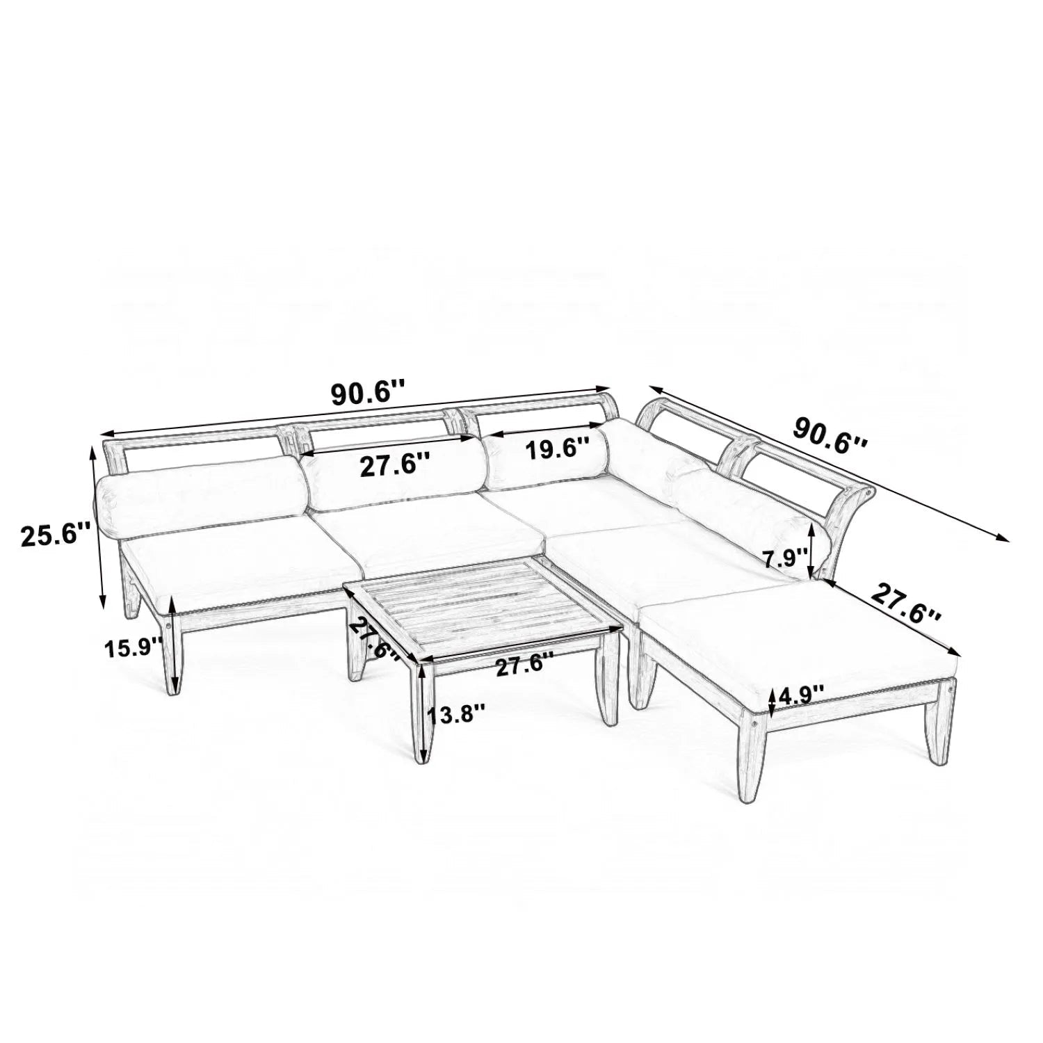 Bellemave® 6 Piece Acacia Wood Outdoor Modular Sectional Garden Furniture Set L - Shaped Conversation Set, Convertible Daybed with Tea Table, Ottoman, 5 Cushions and Pillows - Bellemave