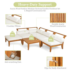 Bellemave® 6 Piece Acacia Wood Outdoor Modular Sectional Garden Furniture Set L - Shaped Conversation Set, Convertible Daybed with Tea Table, Ottoman, 5 Cushions and Pillows - Bellemave