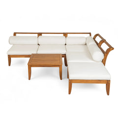 Bellemave® 6 Piece Acacia Wood Outdoor Modular Sectional Garden Furniture Set L - Shaped Conversation Set, Convertible Daybed with Tea Table, Ottoman, 5 Cushions and Pillows - Bellemave