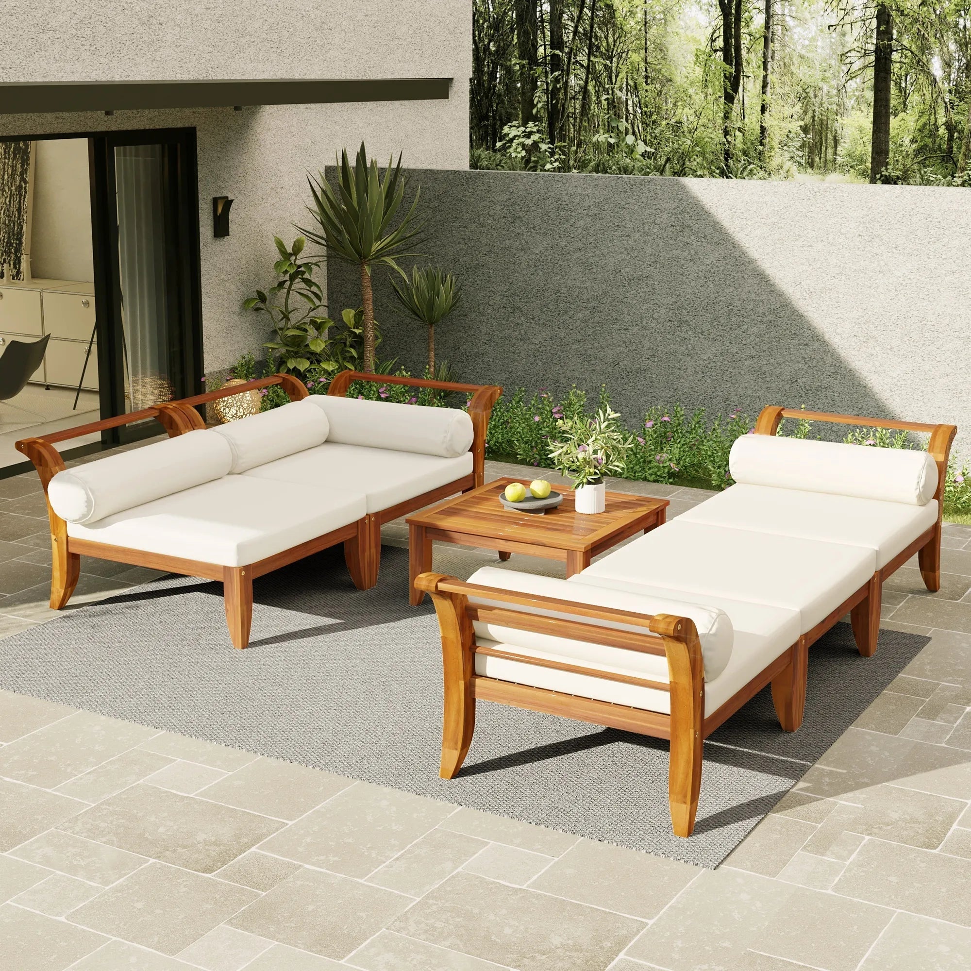 Bellemave® 6 Piece Acacia Wood Outdoor Modular Sectional Garden Furniture Set L - Shaped Conversation Set, Convertible Daybed with Tea Table, Ottoman, 5 Cushions and Pillows - Bellemave