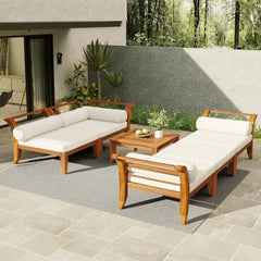 Bellemave® 6 Piece Acacia Wood Outdoor Modular Sectional Garden Furniture Set L - Shaped Conversation Set, Convertible Daybed with Tea Table, Ottoman, 5 Cushions and Pillows - Bellemave