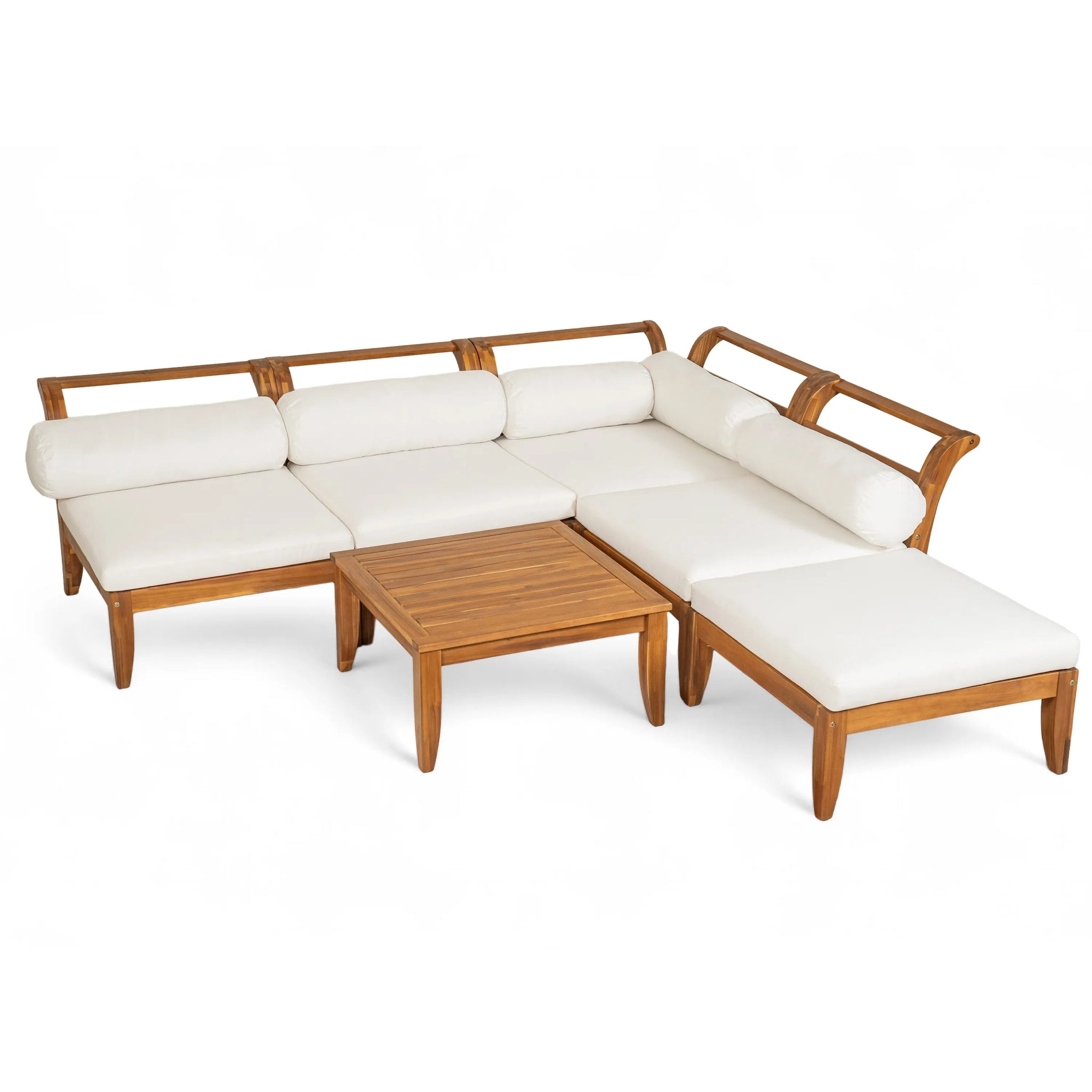 Bellemave® 6 Piece Acacia Wood Outdoor Modular Sectional Garden Furniture Set L - Shaped Conversation Set, Convertible Daybed with Tea Table, Ottoman, 5 Cushions and Pillows - Bellemave