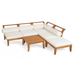 Bellemave® 6 Piece Acacia Wood Outdoor Modular Sectional Garden Furniture Set L - Shaped Conversation Set, Convertible Daybed with Tea Table, Ottoman, 5 Cushions and Pillows - Bellemave