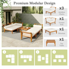Bellemave® 6 Piece Acacia Wood Outdoor Modular Sectional Garden Furniture Set L - Shaped Conversation Set, Convertible Daybed with Tea Table, Ottoman, 5 Cushions and Pillows - Bellemave