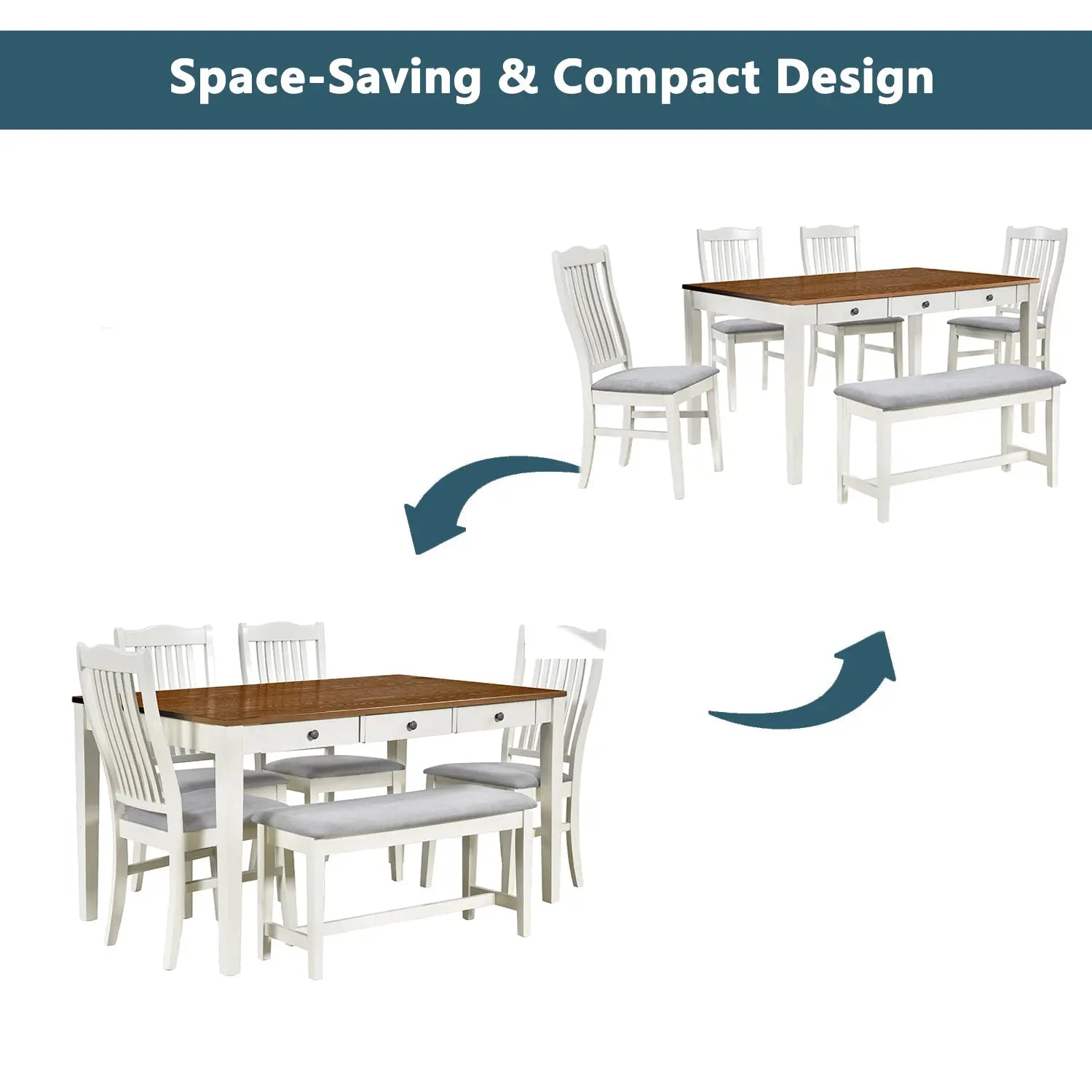 Bellemave® 6 - Piece Mid - Century Wood Dining Table Set with Drawer, Upholstered Chairs and Bench - Bellemave