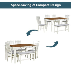 Bellemave® 6 - Piece Mid - Century Wood Dining Table Set with Drawer, Upholstered Chairs and Bench - Bellemave
