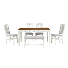Bellemave® 6 - Piece Mid - Century Wood Dining Table Set with Drawer, Upholstered Chairs and Bench - Bellemave