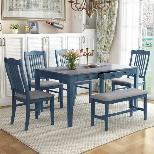 Bellemave® 6 - Piece Mid - Century Wood Dining Table Set with Drawer, Upholstered Chairs and Bench - Bellemave