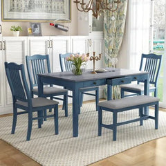 Bellemave® 6 - Piece Mid - Century Wood Dining Table Set with Drawer, Upholstered Chairs and Bench - Bellemave