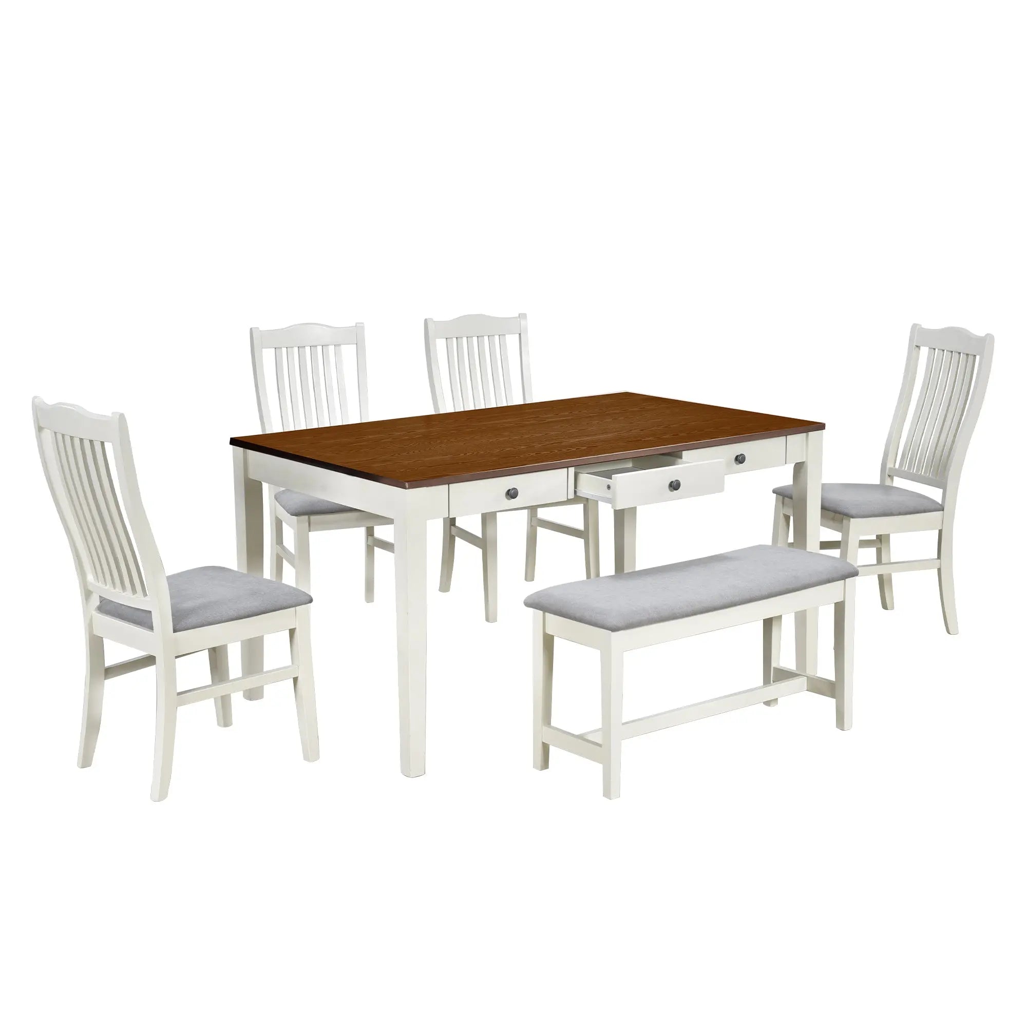 Bellemave® 6 - Piece Mid - Century Wood Dining Table Set with Drawer, Upholstered Chairs and Bench - Bellemave
