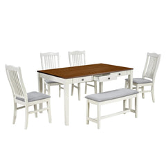 Bellemave® 6 - Piece Mid - Century Wood Dining Table Set with Drawer, Upholstered Chairs and Bench - Bellemave