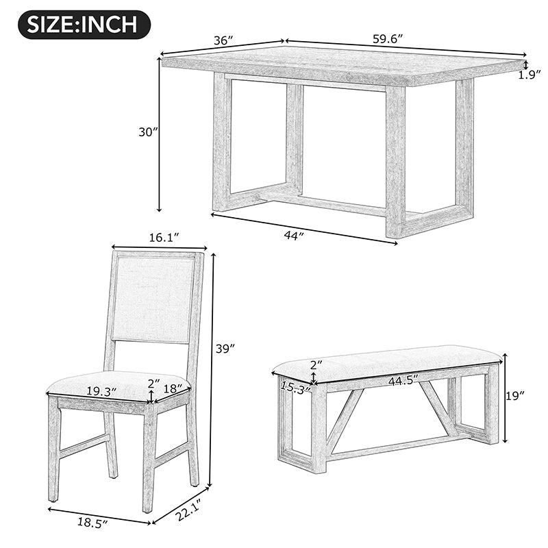 Bellemave® 6 - Piece Retro Dining Set, 1 Rectangular Table with Designed Trestle Base and 4 Upholstered Chairs and 1 Bench - Bellemave