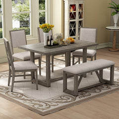 Bellemave® 6 - Piece Retro Dining Set, 1 Rectangular Table with Designed Trestle Base and 4 Upholstered Chairs and 1 Bench - Bellemave