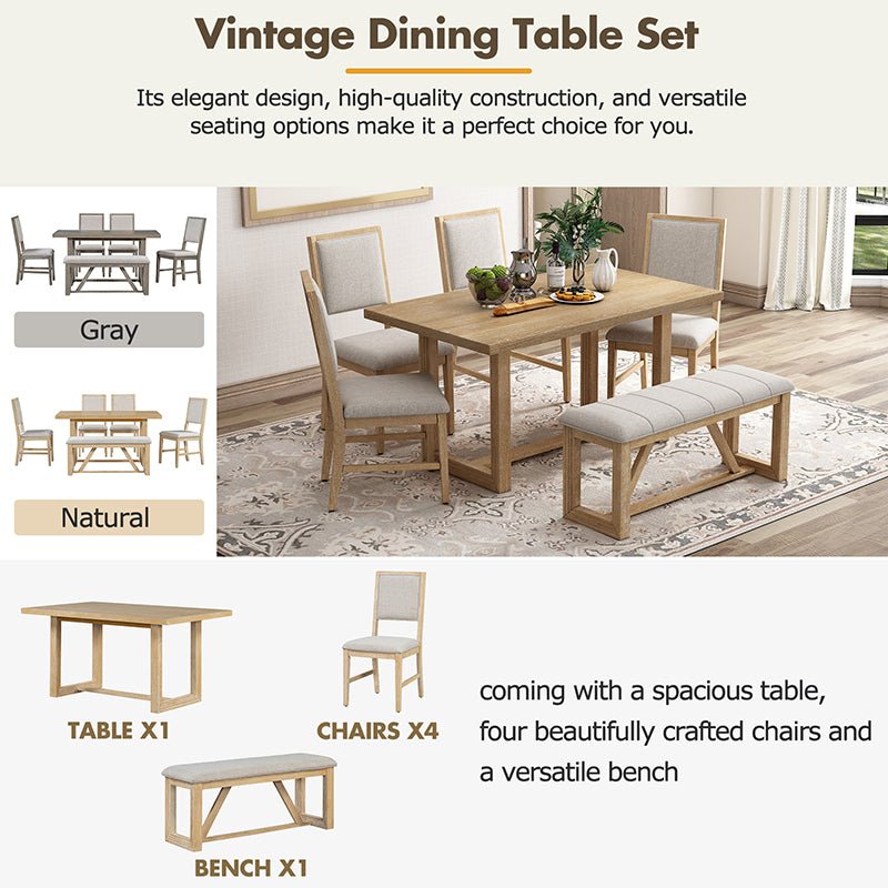 Bellemave® 6 - Piece Retro Dining Set, 1 Rectangular Table with Designed Trestle Base and 4 Upholstered Chairs and 1 Bench - Bellemave