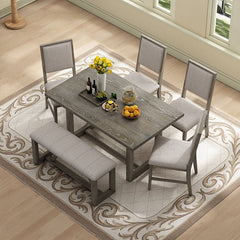 Bellemave® 6 - Piece Retro Dining Set, 1 Rectangular Table with Designed Trestle Base and 4 Upholstered Chairs and 1 Bench - Bellemave