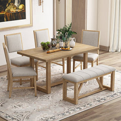 Bellemave® 6 - Piece Retro Dining Set, 1 Rectangular Table with Designed Trestle Base and 4 Upholstered Chairs and 1 Bench - Bellemave