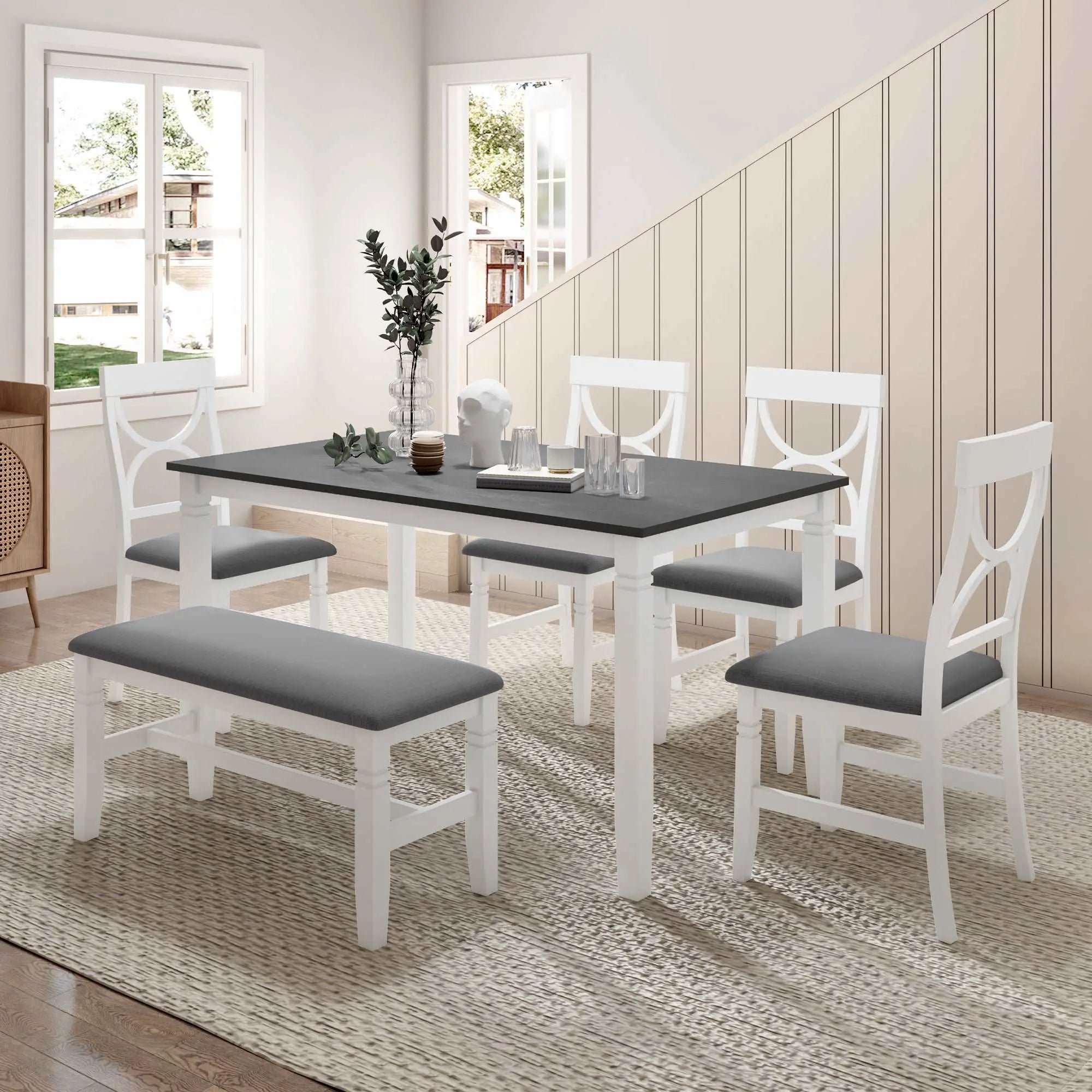 Bellemave® 6 - Piece Wood Dining Table Set Kitchen Table Set with Upholstered Bench and 4 Dining Chairs - Bellemave