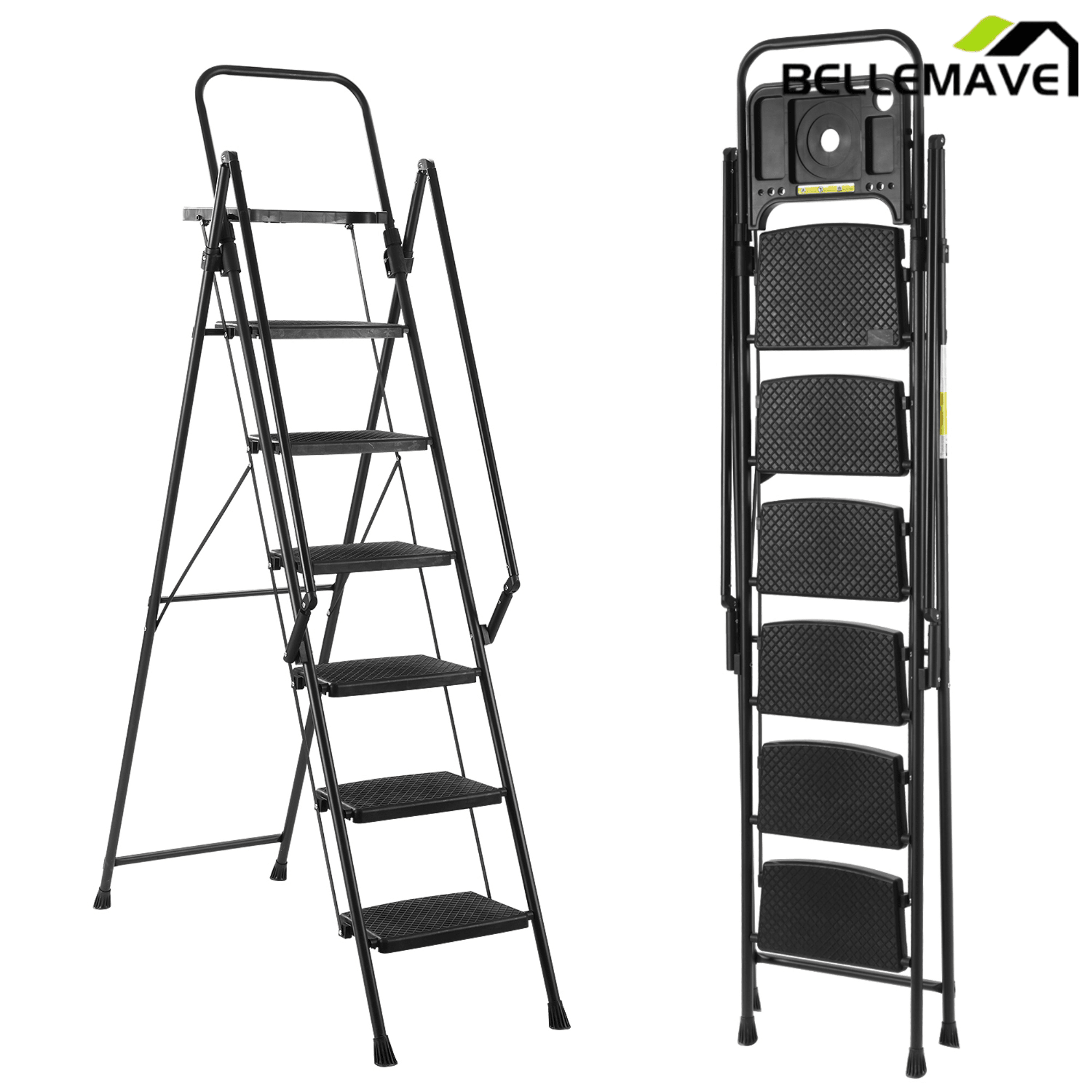 Bellemave® 6 Step Ladder, Folding Step Stool with Wide Anti - Slip Pedal, Sturdy Steel Ladder, Convenient Handrail, Lightweight, Portable Steel Step Stool - Bellemave