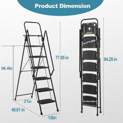 Bellemave® 6 Step Ladder, Folding Step Stool with Wide Anti - Slip Pedal, Sturdy Steel Ladder, Convenient Handrail, Lightweight, Portable Steel Step Stool - Bellemave