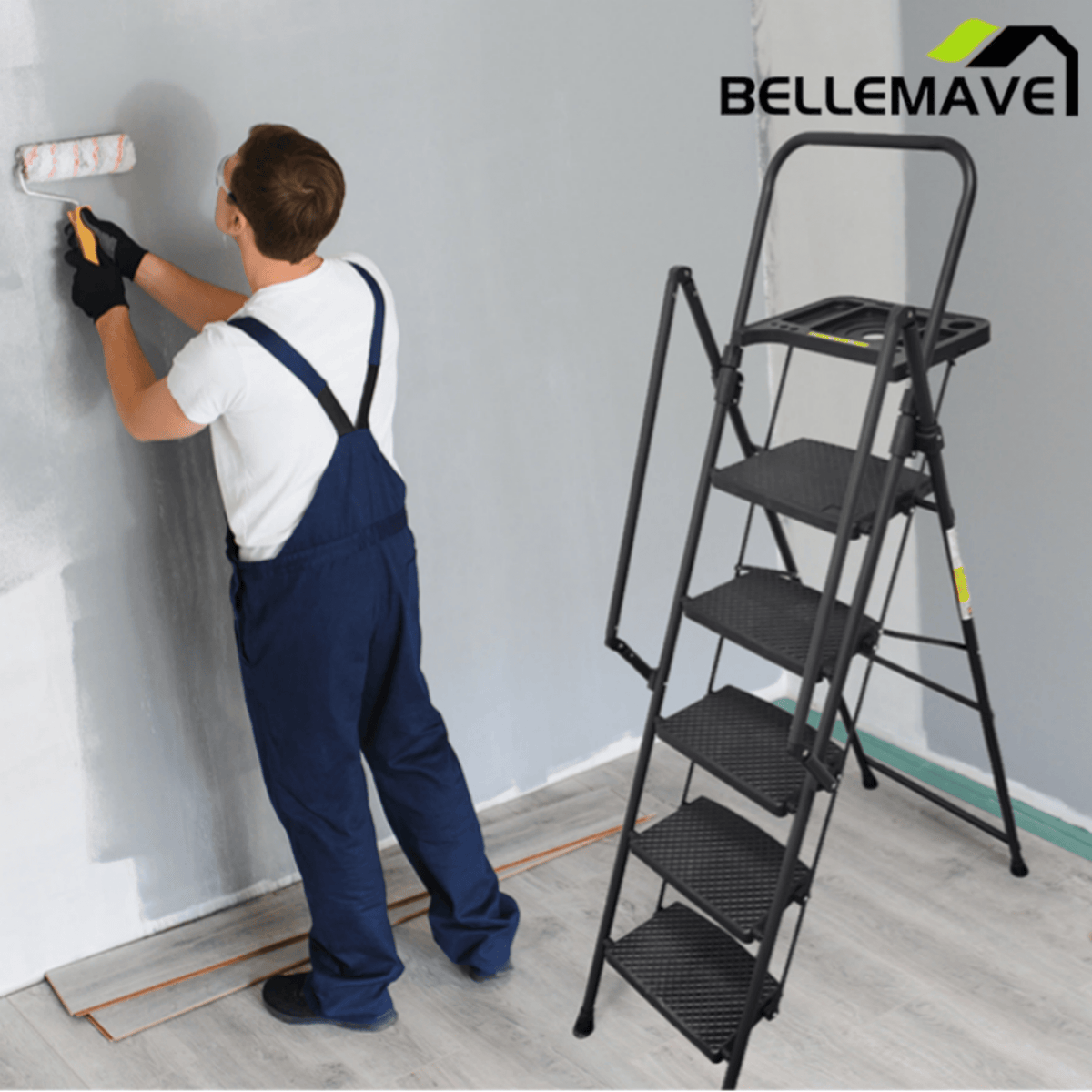 Bellemave® 6 Step Ladder, Folding Step Stool with Wide Anti - Slip Pedal, Sturdy Steel Ladder, Convenient Handrail, Lightweight, Portable Steel Step Stool - Bellemave