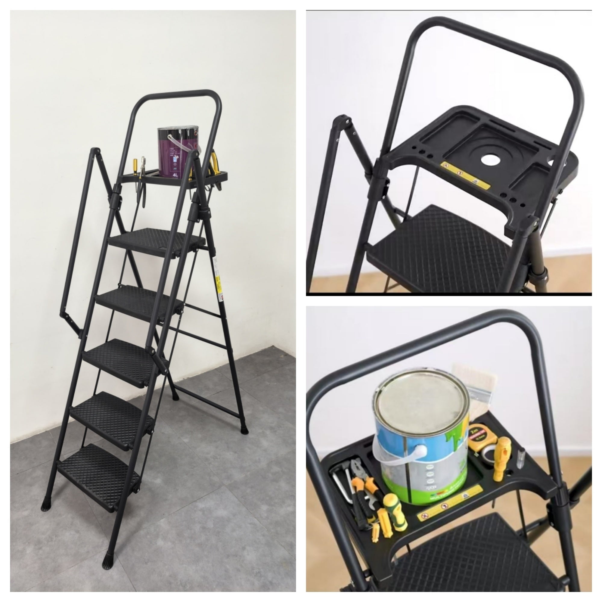 Bellemave® 6 Step Ladder, Folding Step Stool with Wide Anti - Slip Pedal, Sturdy Steel Ladder, Convenient Handrail, Lightweight, Portable Steel Step Stool - Bellemave