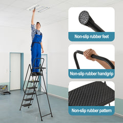 Bellemave® 6 Step Ladder, Folding Step Stool with Wide Anti - Slip Pedal, Sturdy Steel Ladder, Convenient Handrail, Lightweight, Portable Steel Step Stool - Bellemave