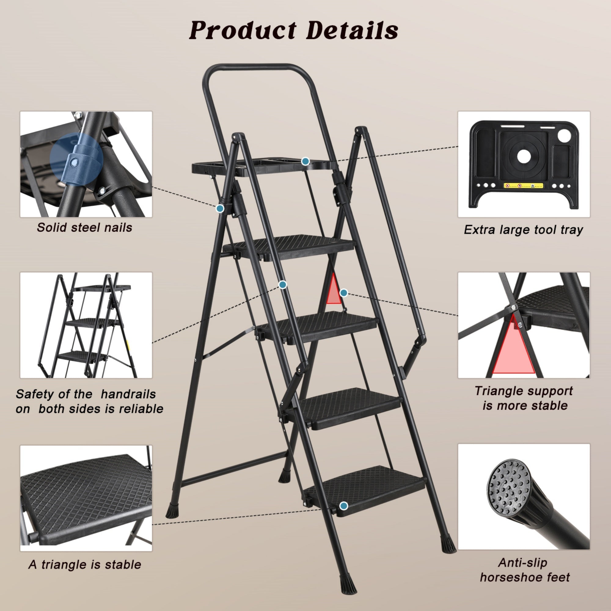 Bellemave® 6 Step Ladder, Folding Step Stool with Wide Anti - Slip Pedal, Sturdy Steel Ladder, Convenient Handrail, Lightweight, Portable Steel Step Stool - Bellemave