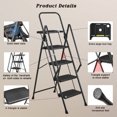 Bellemave® 6 Step Ladder, Folding Step Stool with Wide Anti - Slip Pedal, Sturdy Steel Ladder, Convenient Handrail, Lightweight, Portable Steel Step Stool - Bellemave