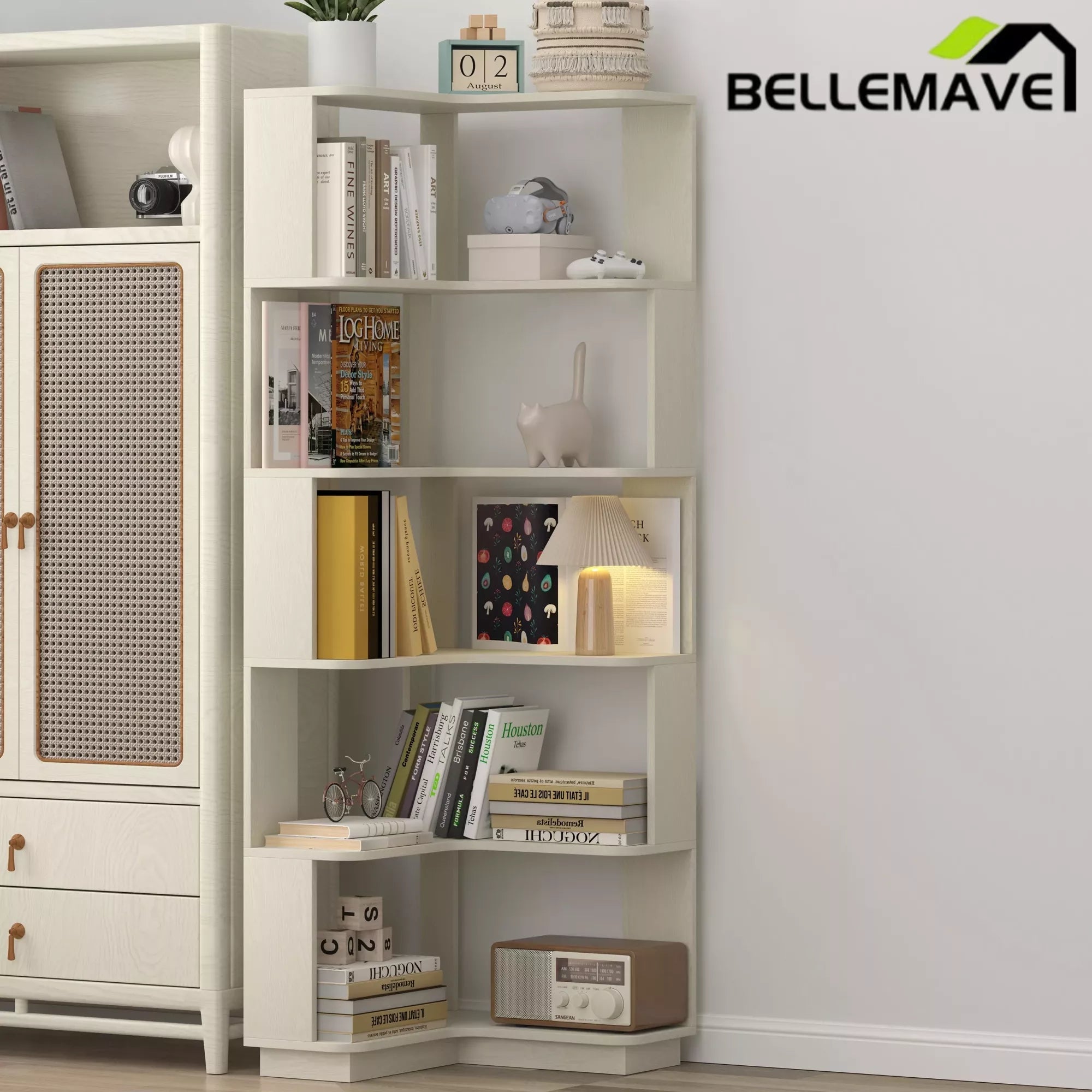 Bellemave® 6 Tier Corner Bookshelf, Industrial L Shaped Bookcase with Anti-Drop Panel, Freestanding Wood Grain Shelf Display Rack Storage Organizer for Home Office - Bellemave
