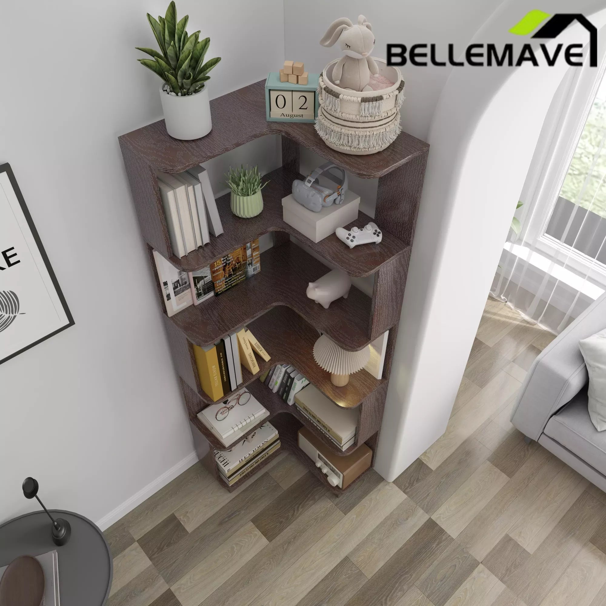 Bellemave® 6 Tier Corner Bookshelf, Industrial L Shaped Bookcase with Anti-Drop Panel, Freestanding Wood Grain Shelf Display Rack Storage Organizer for Home Office - Bellemave