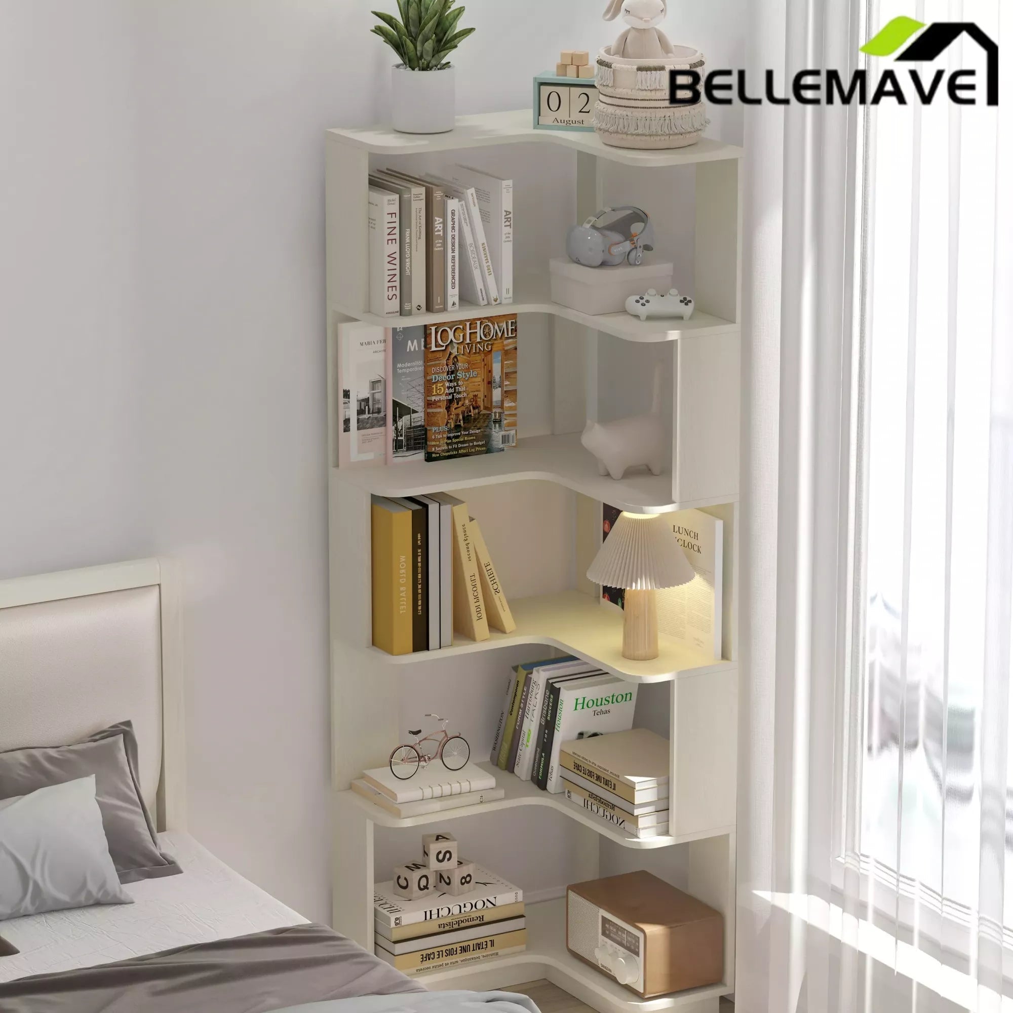 Bellemave® 6 Tier Corner Bookshelf, Industrial L Shaped Bookcase with Anti-Drop Panel, Freestanding Wood Grain Shelf Display Rack Storage Organizer for Home Office - Bellemave