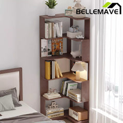 Bellemave® 6 Tier Corner Bookshelf, Industrial L Shaped Bookcase with Anti-Drop Panel, Freestanding Wood Grain Shelf Display Rack Storage Organizer for Home Office - Bellemave
