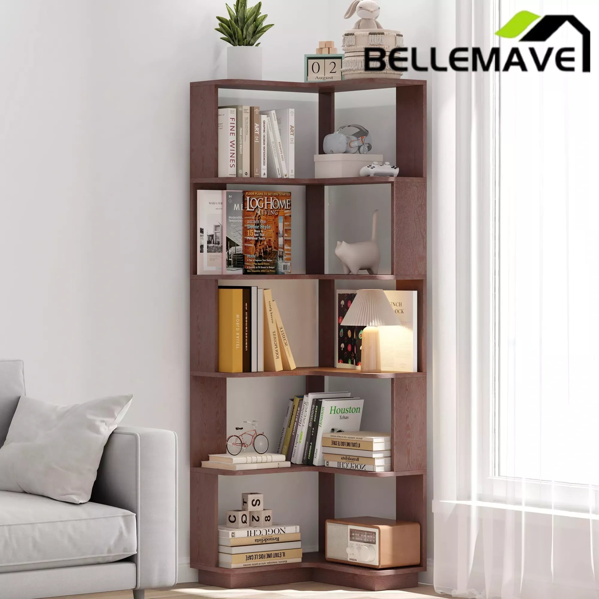 Bellemave® 6 Tier Corner Bookshelf, Industrial L Shaped Bookcase with Anti-Drop Panel, Freestanding Wood Grain Shelf Display Rack Storage Organizer for Home Office - Bellemave