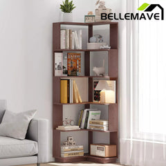 Bellemave® 6 Tier Corner Bookshelf, Industrial L Shaped Bookcase with Anti-Drop Panel, Freestanding Wood Grain Shelf Display Rack Storage Organizer for Home Office - Bellemave