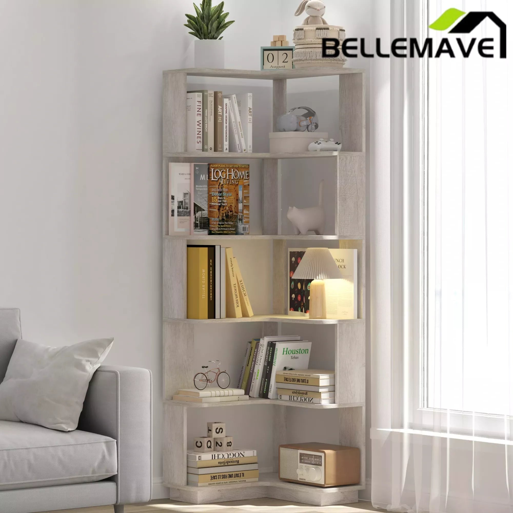 Bellemave® 6 Tier Corner Bookshelf, Industrial L Shaped Bookcase with Anti-Drop Panel, Freestanding Wood Grain Shelf Display Rack Storage Organizer for Home Office - Bellemave