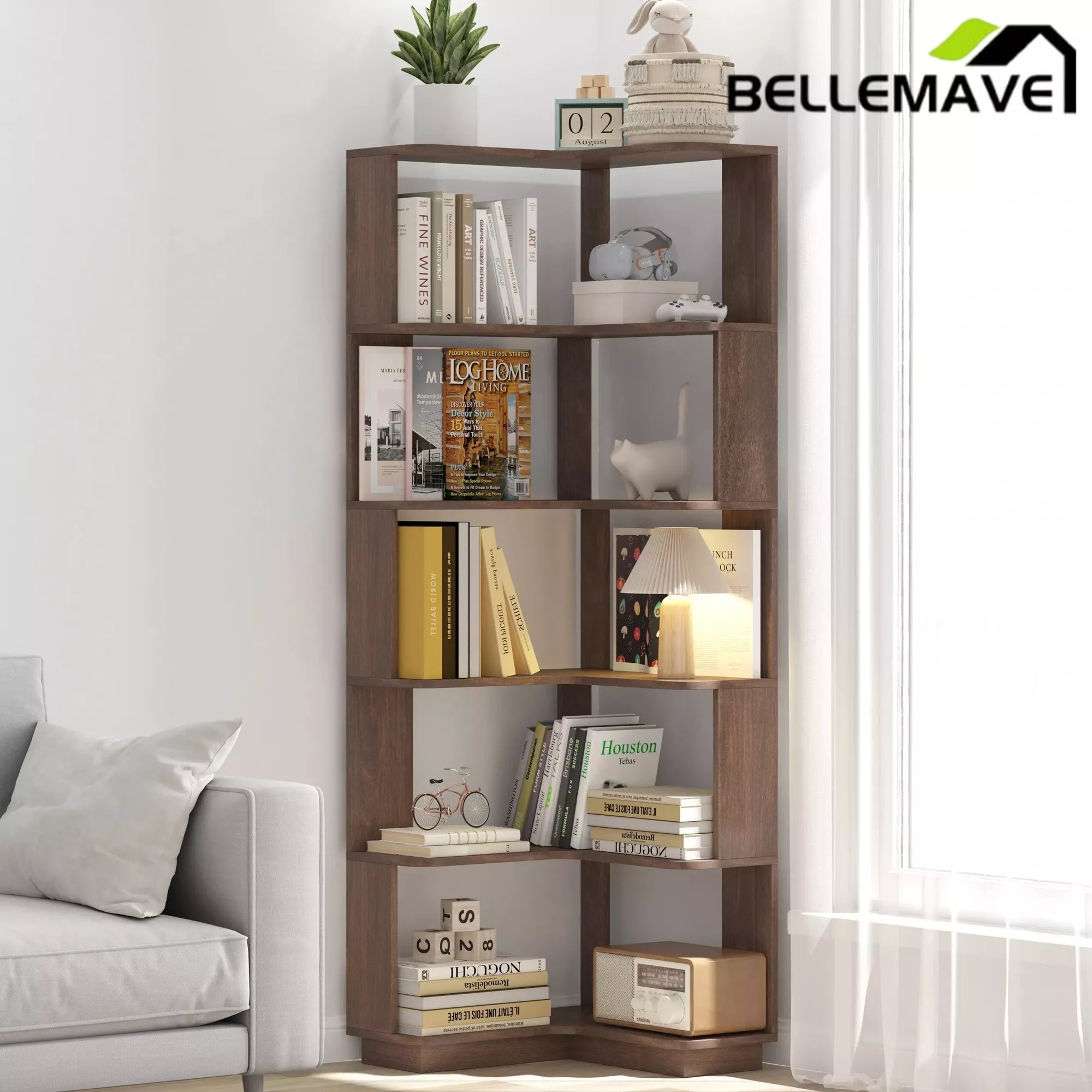 Bellemave® 6 Tier Corner Bookshelf, Industrial L Shaped Bookcase with Anti-Drop Panel, Freestanding Wood Grain Shelf Display Rack Storage Organizer for Home Office - Bellemave