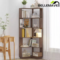 Bellemave® 6 Tier Corner Bookshelf, Industrial L Shaped Bookcase with Anti-Drop Panel, Freestanding Wood Grain Shelf Display Rack Storage Organizer for Home Office - Bellemave