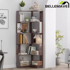 Bellemave® 6 Tier Corner Bookshelf, Industrial L Shaped Bookcase with Anti-Drop Panel, Freestanding Wood Grain Shelf Display Rack Storage Organizer for Home Office - Bellemave