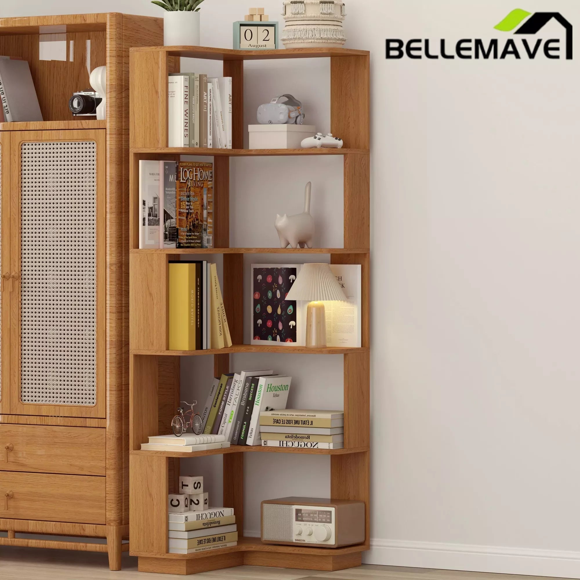 Bellemave® 6 Tier Corner Bookshelf, Industrial L Shaped Bookcase with Anti-Drop Panel, Freestanding Wood Grain Shelf Display Rack Storage Organizer for Home Office - Bellemave