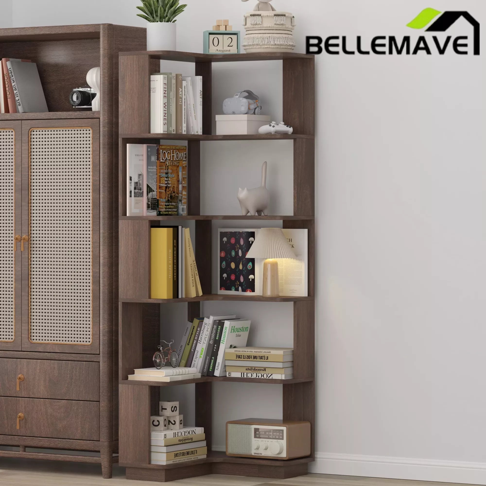 Bellemave® 6 Tier Corner Bookshelf, Industrial L Shaped Bookcase with Anti-Drop Panel, Freestanding Wood Grain Shelf Display Rack Storage Organizer for Home Office - Bellemave