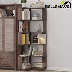 Bellemave® 6 Tier Corner Bookshelf, Industrial L Shaped Bookcase with Anti-Drop Panel, Freestanding Wood Grain Shelf Display Rack Storage Organizer for Home Office - Bellemave