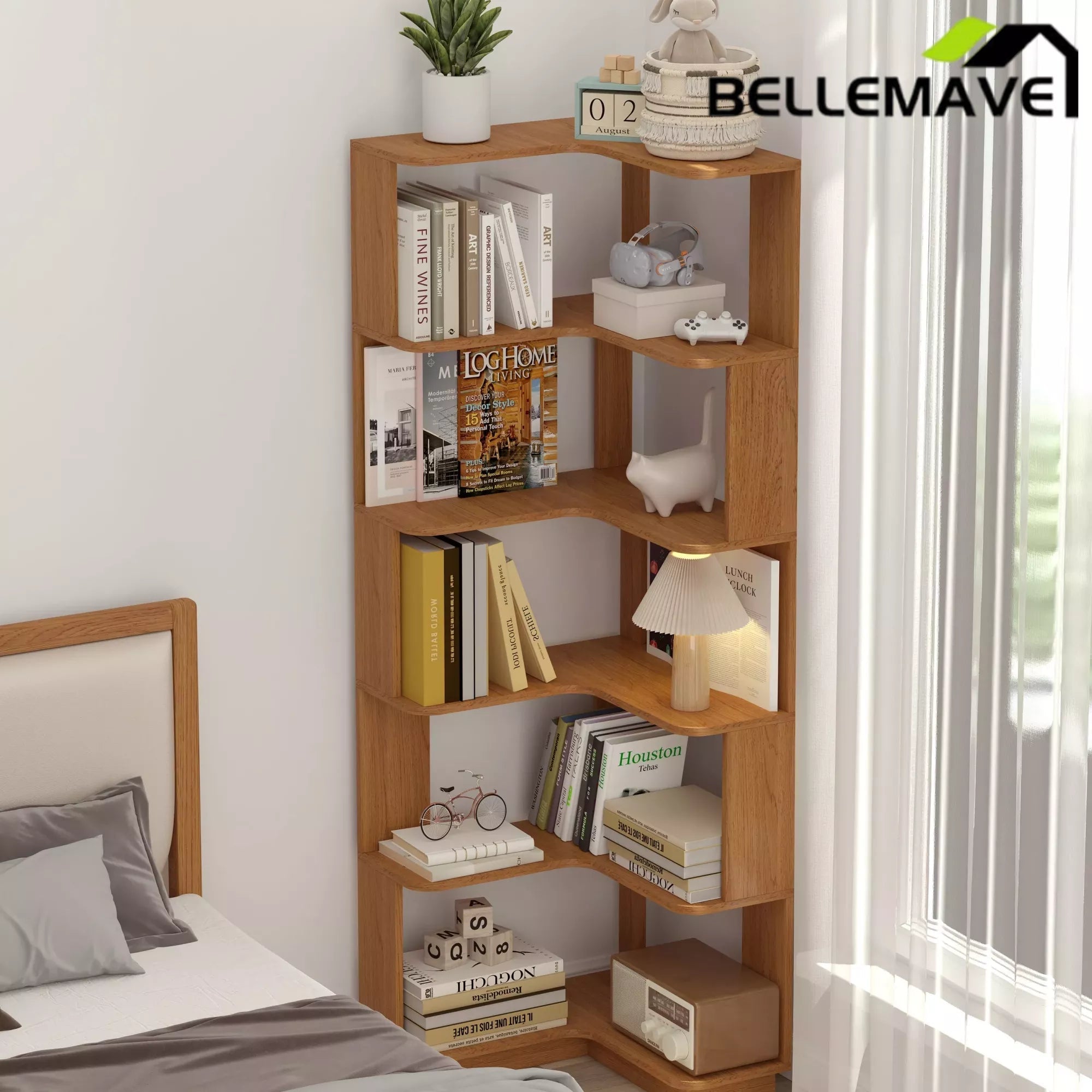 Bellemave® 6 Tier Corner Bookshelf, Industrial L Shaped Bookcase with Anti-Drop Panel, Freestanding Wood Grain Shelf Display Rack Storage Organizer for Home Office - Bellemave