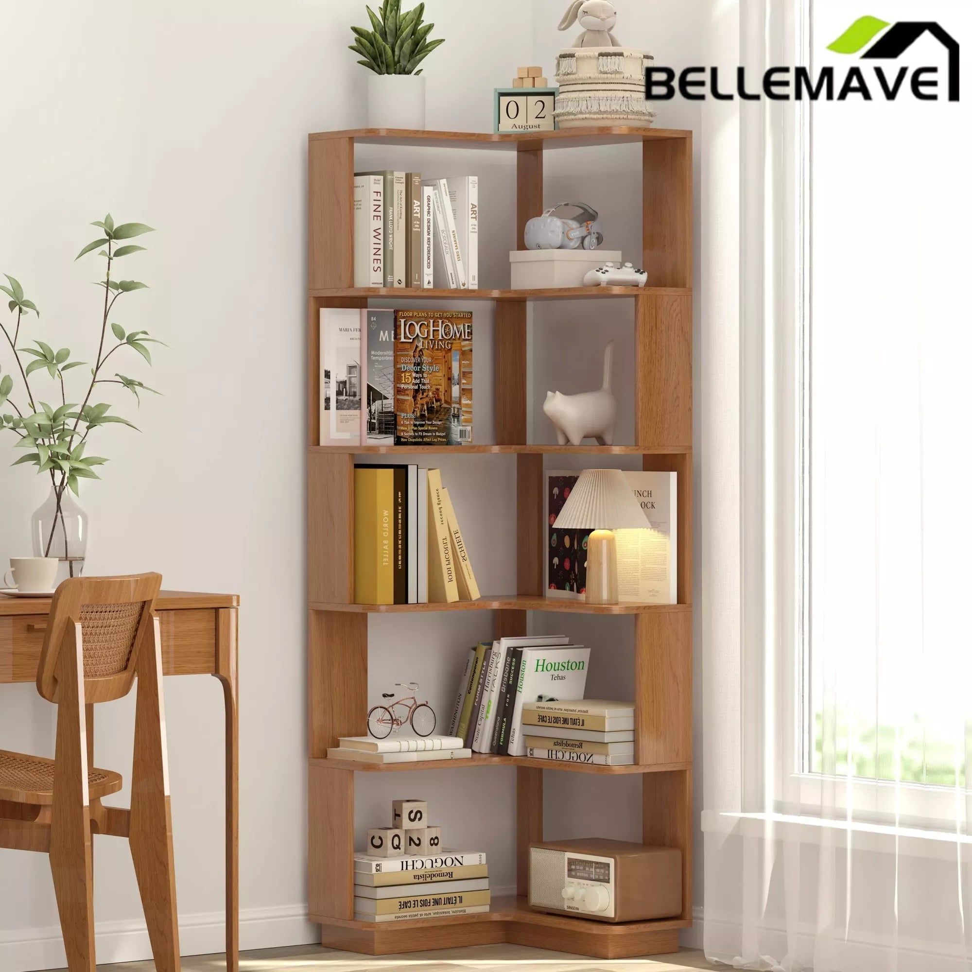 Bellemave® 6 Tier Corner Bookshelf, Industrial L Shaped Bookcase with Anti-Drop Panel, Freestanding Wood Grain Shelf Display Rack Storage Organizer for Home Office - Bellemave