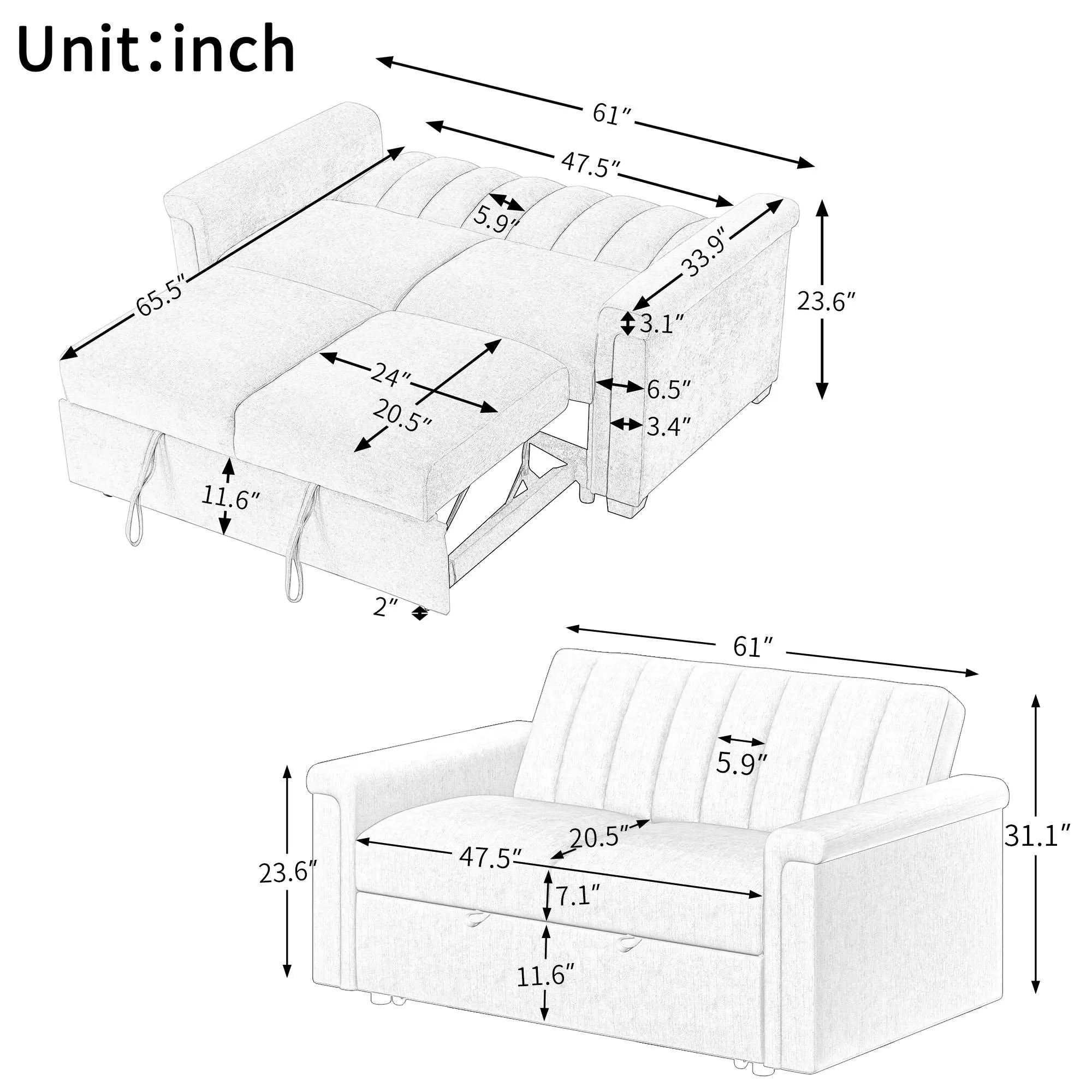 Bellemave® 61" Convertible Soft Cushion Sofa Pull Bed ,for Two People to Sit On - Bellemave