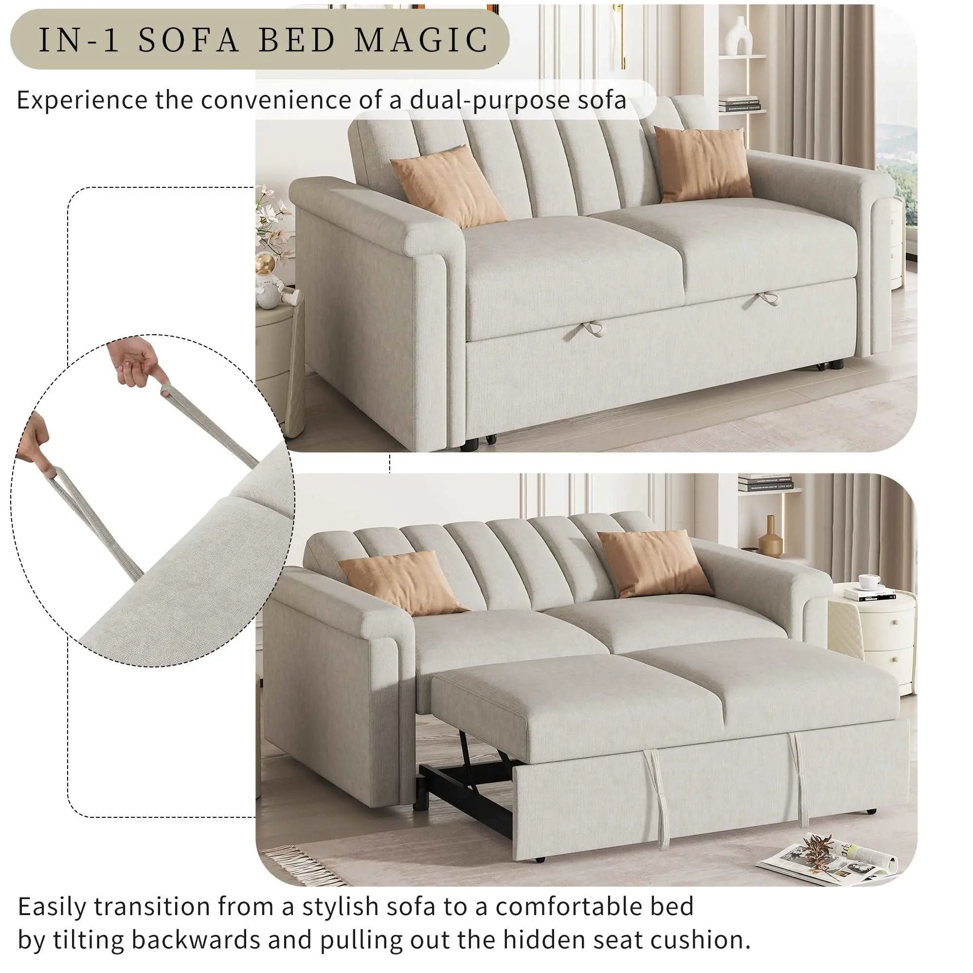 Bellemave® 61" Convertible Soft Cushion Sofa Pull Bed ,for Two People to Sit On - Bellemave