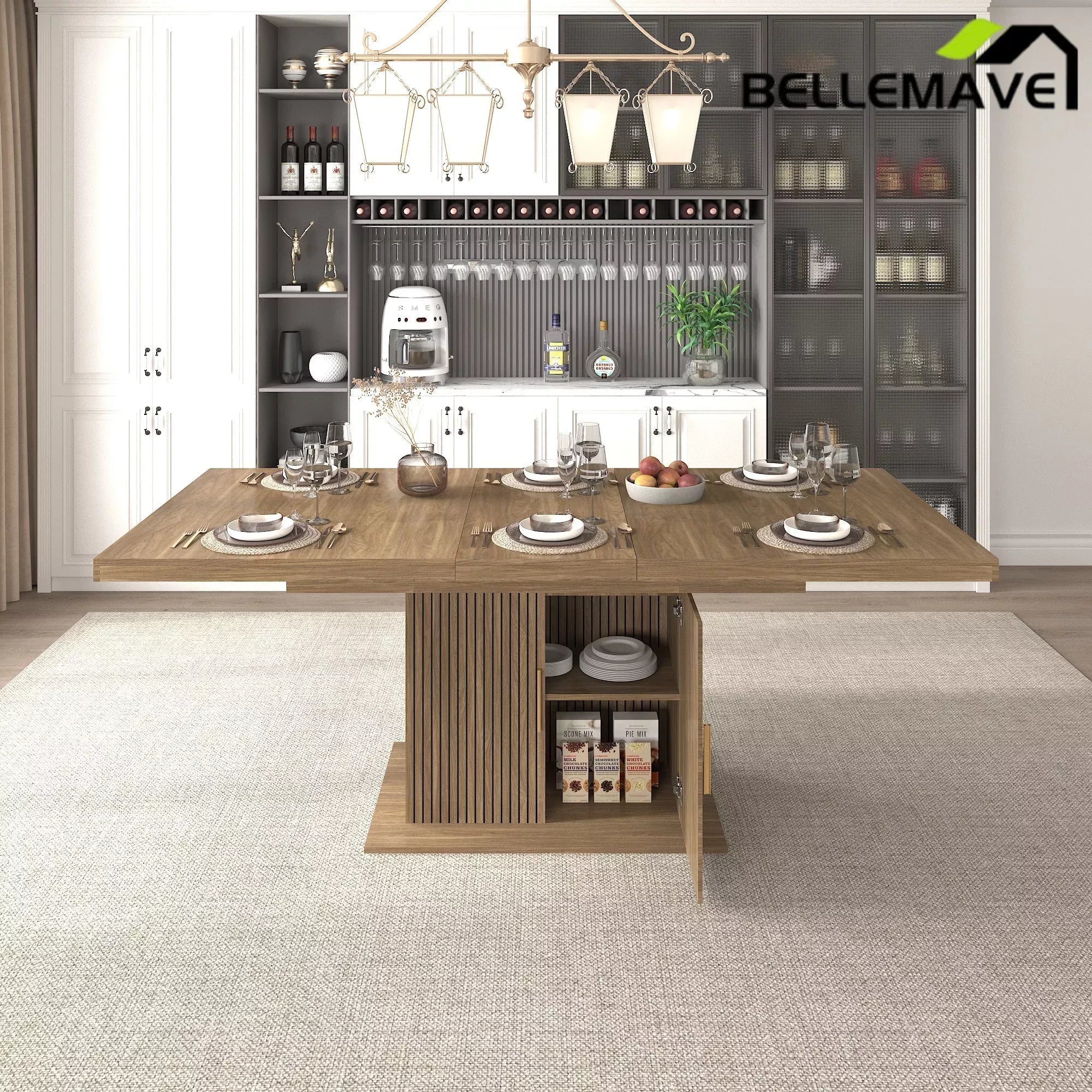 Bellemave® 62.99"-78.74" Expandable Dining Table with Storage, Extendable Dining Table for 6-10 People, Extra Hidden Storage for Tableware & Wine, Modern Farmhouse Table - Bellemave